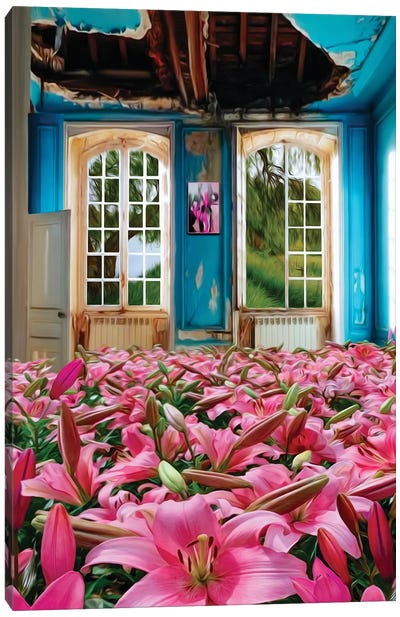 Pink Lilies Growing In An Abandoned House Canvas Art Print - Reclaimed by Nature