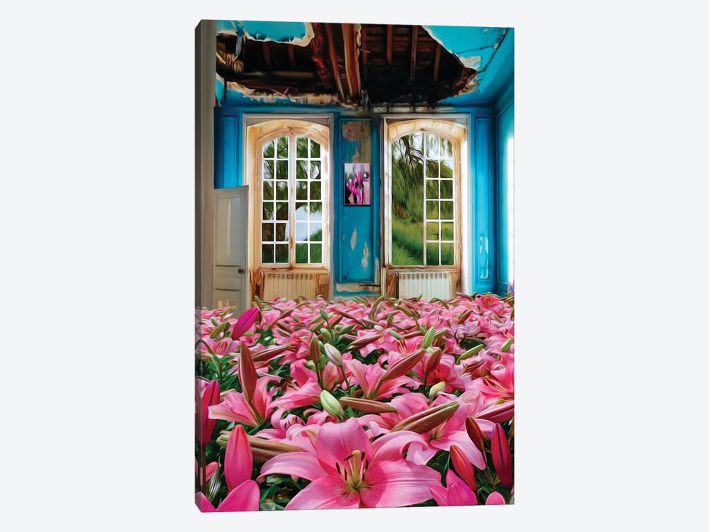 Pink Lilies Growing In An Abandoned House by Ievgeniia Bidiuk 1-piece Canvas Print