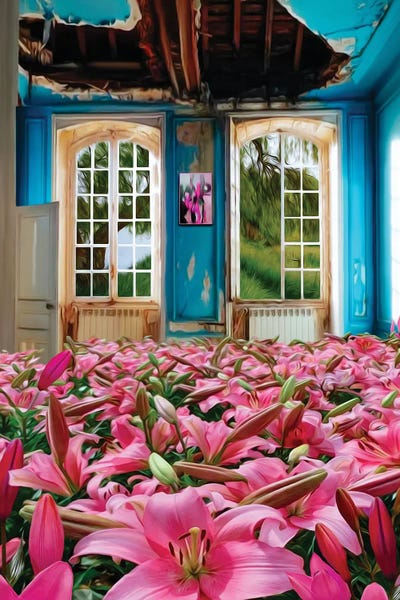 Ievgeniia Bidiuk: Pink Lilies Growing In An Abandoned House by Ievgeniia Bidiuk