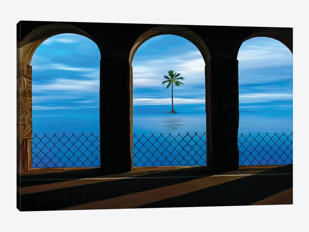 A View Of A Palm Tree In The Ocean From The Arched Balcony by Ievgeniia Bidiuk 1-piece Canvas Art