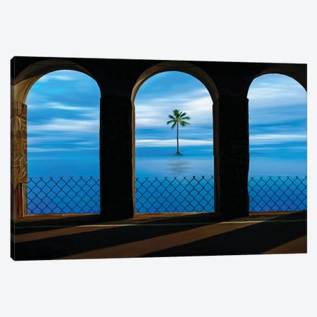 A View Of A Palm Tree In The Ocean From The Arched Balcony Canvas Print #IVG673} by Ievgeniia Bidiuk Art Print
