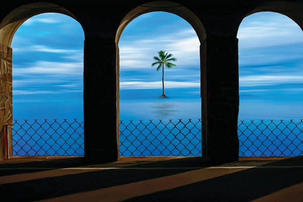 Ievgeniia Bidiuk: A View Of A Palm Tree In The Ocean From The Arched Balcony by Ievgeniia Bidiuk