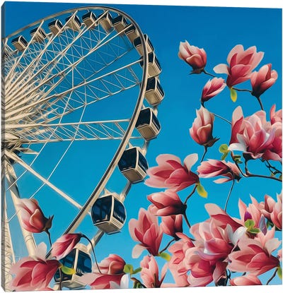 Magnolia in Bloom Against The Backdrop Of The Ferris Wheel Canvas Art Print - Ievgeniia Bidiuk