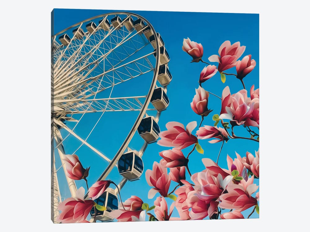 Magnolia in Bloom Against The Backdrop Of The Ferris Wheel by Ievgeniia Bidiuk 1-piece Canvas Print