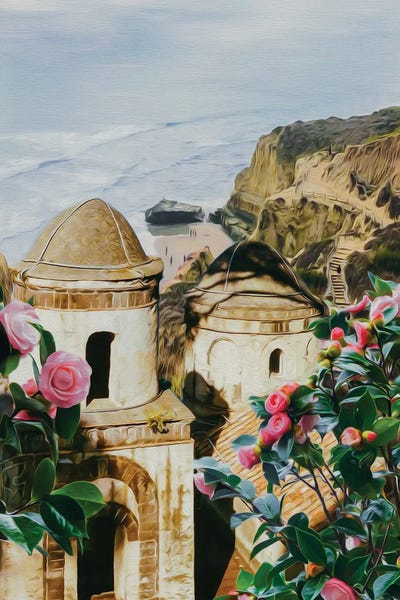 Ievgeniia Bidiuk: Blooming Roses Of The Old Tower by Ievgeniia Bidiuk