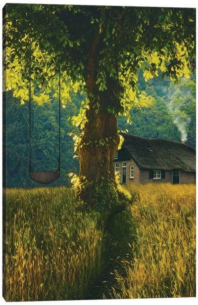 Landscape With A House In A Meadow And A Large Tree With A Swing Canvas Art Print - Ievgeniia Bidiuk
