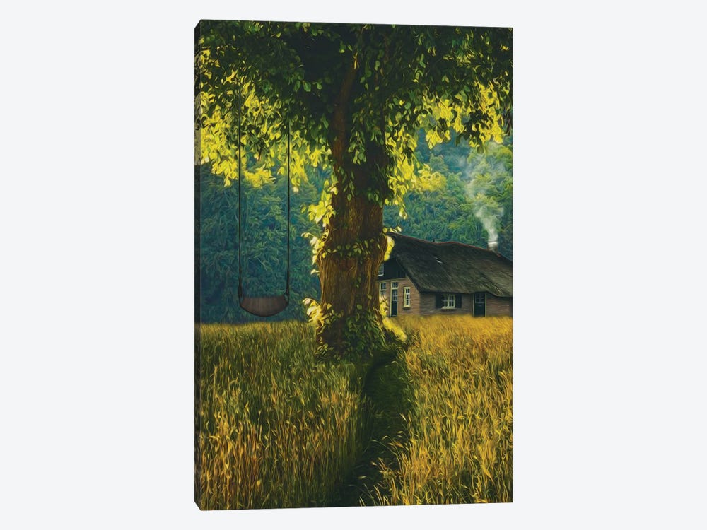 Landscape With A House In A Meadow And A Large Tree With A Swing by Ievgeniia Bidiuk 1-piece Canvas Artwork
