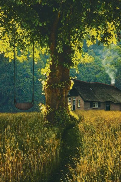 Ievgeniia Bidiuk: Landscape With A House In A Meadow And A Large Tree With A Swing by Ievgeniia Bidiuk