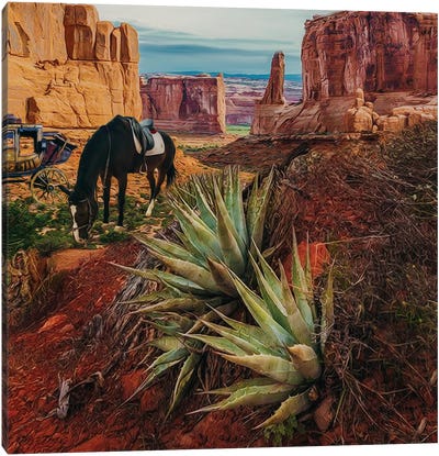 A Black Horse In The Texas Desert Canvas Art Print - Ievgeniia Bidiuk