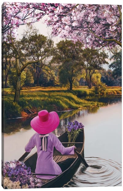 A Girl In A Pink Hat With Flowers Canvas Art Print - Ievgeniia Bidiuk