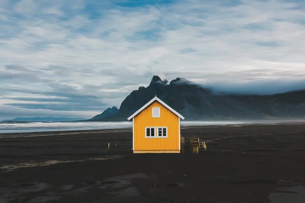 Ievgeniia Bidiuk: Yellow Wooden House On The Shore Of The Atlantic Ocean by Ievgeniia Bidiuk