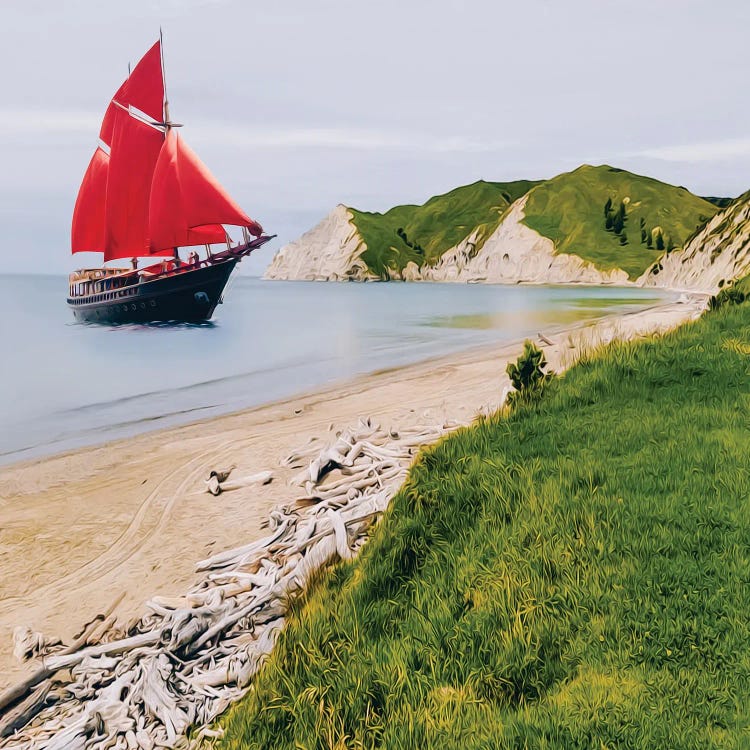 Red Sailing Boat By The Shore