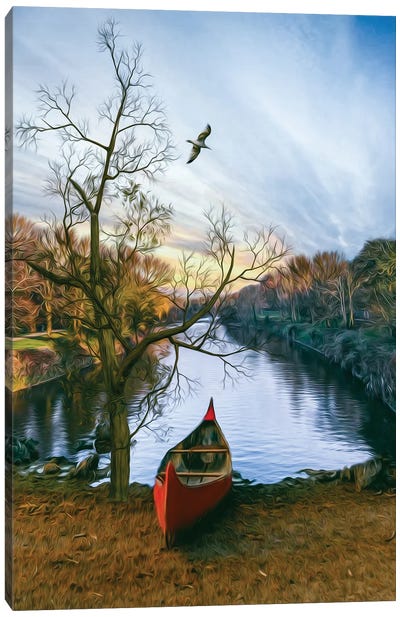 A Red Pirogue On The Bank Of The River Canvas Art Print - Canoe Art