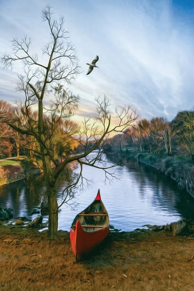Canoes: A Red Pirogue On The Bank Of The River by Ievgeniia Bidiuk