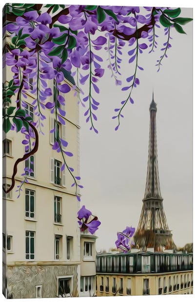 Wisteria In Bloom Against The Background Of Paris Canvas Art Print - Ievgeniia Bidiuk