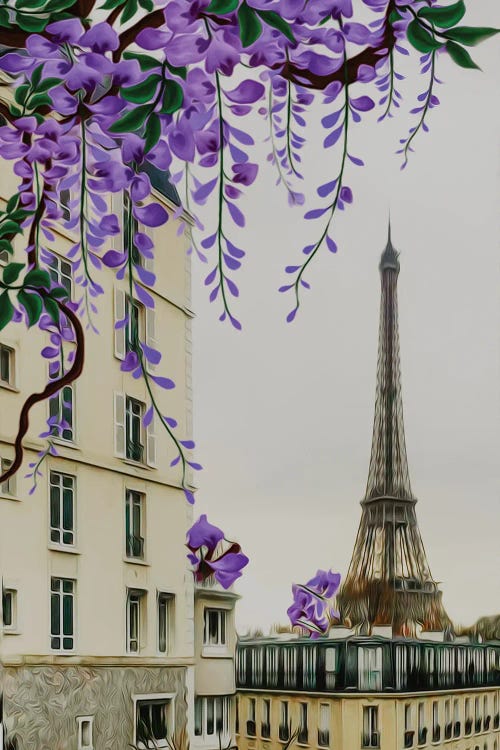 Wisteria In Bloom Against The Background Of Paris by Ievgeniia Bidiuk wall art