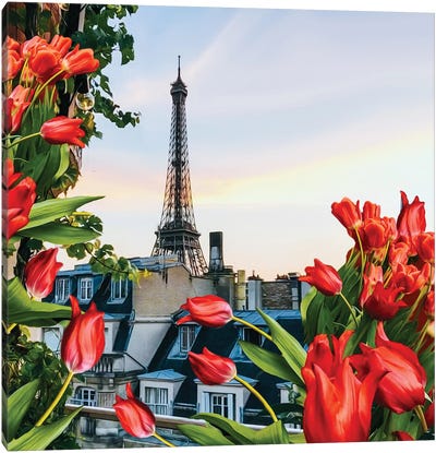 Red Tulips In The Background Of Paris Canvas Art Print - Ievgeniia Bidiuk