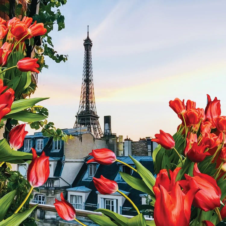 Red Tulips In The Background Of Paris by Ievgeniia Bidiuk wall art
