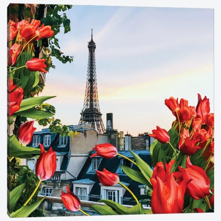 Red Tulips In The Background Of Paris Canvas Print #IVG701} by Ievgeniia Bidiuk Canvas Art Print