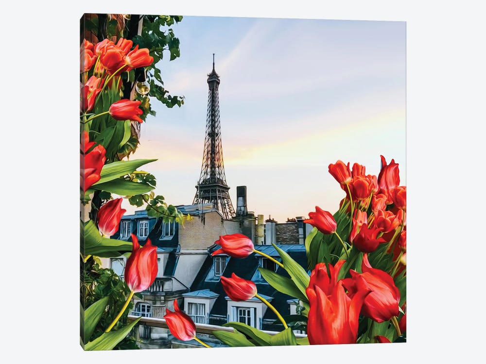 Red Tulips In The Background Of Paris by Ievgeniia Bidiuk 1-piece Canvas Wall Art