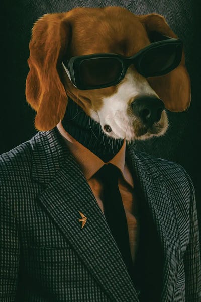 Ievgeniia Bidiuk: Beagle In Jacket And Glasses by Ievgeniia Bidiuk