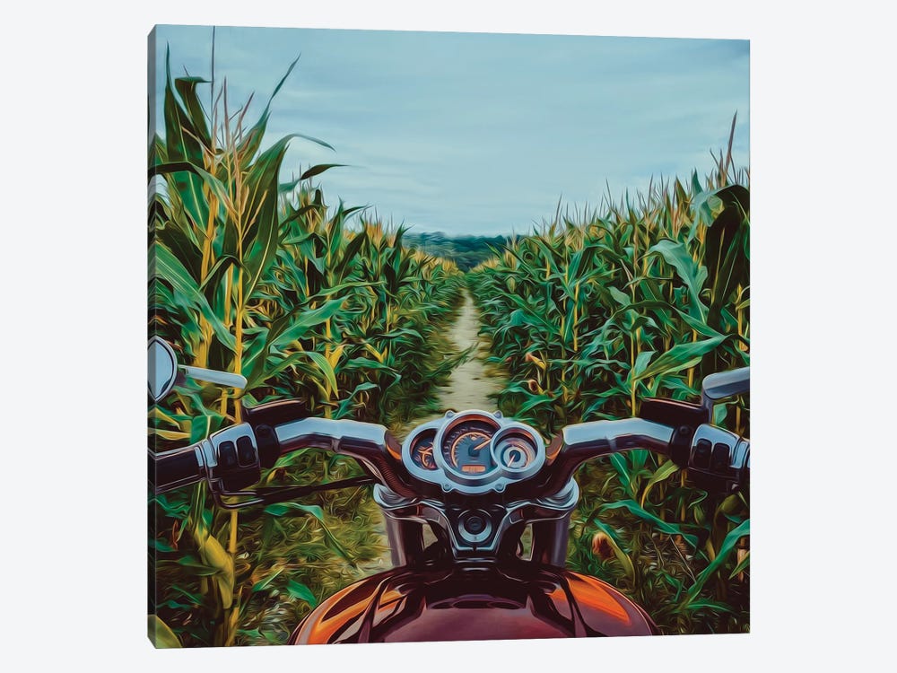 A Motorcycle On The Road In A Cornfield by Ievgeniia Bidiuk 1-piece Canvas Art