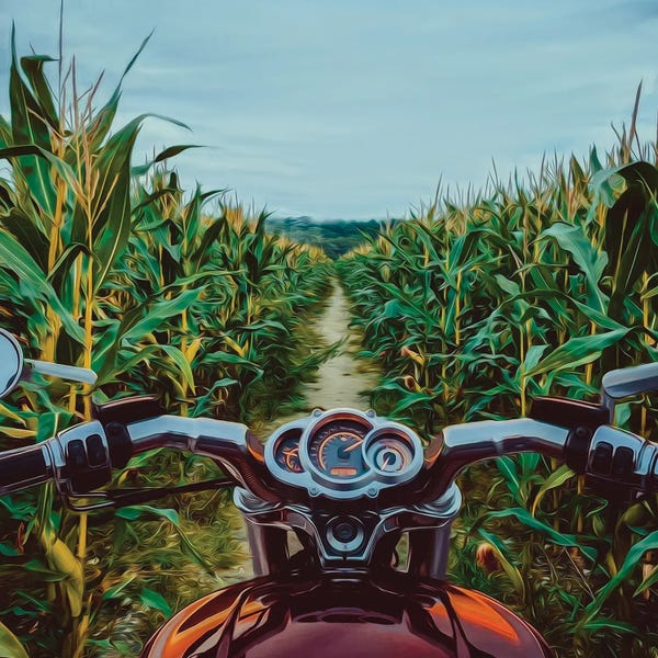 Ievgeniia Bidiuk: A Motorcycle On The Road In A Cornfield by Ievgeniia Bidiuk