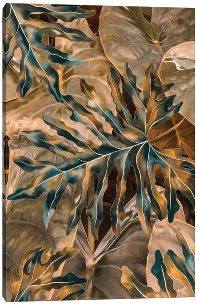 Golden Leaves Of Monster And Hosta Canvas Art Print - Ievgeniia Bidiuk