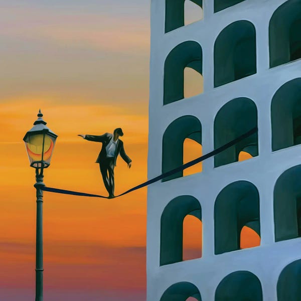 Ievgeniia Bidiuk: A House With Arches And A Tightrope Walker by Ievgeniia Bidiuk