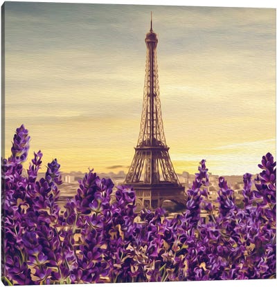 Blooming Lavender Against Of Paris Canvas Art Print - Lavender Art
