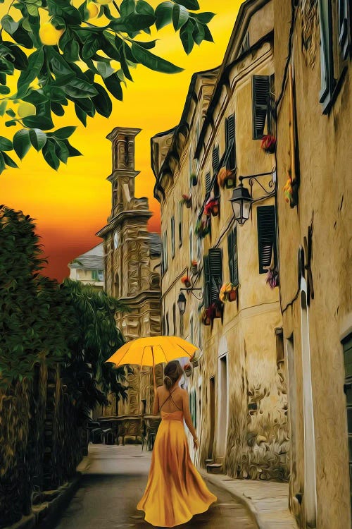 A Lady In A Yellow Dress With An Umbrella On The Street Of The Old Town