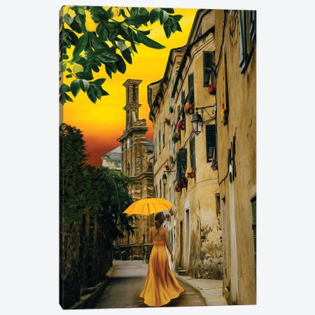 A Lady In A Yellow Dress With An Umbrella On The Street Of The Old Town Canvas Print #IVG720} by Ievgeniia Bidiuk Canvas Print