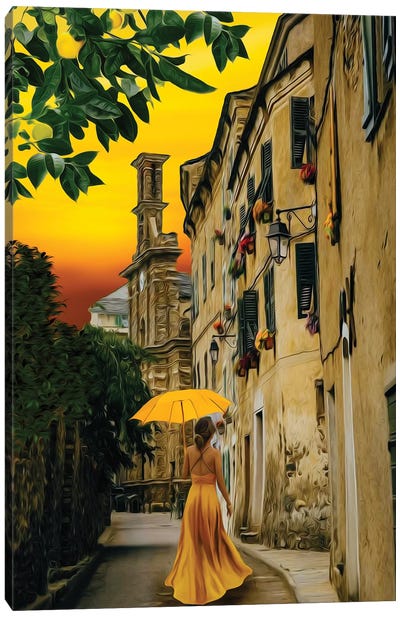 A Lady In A Yellow Dress With An Umbrella On The Street Of The Old Town Canvas Art Print - Ievgeniia Bidiuk