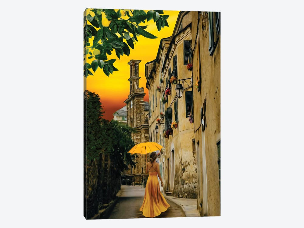 A Lady In A Yellow Dress With An Umbrella On The Street Of The Old Town by Ievgeniia Bidiuk 1-piece Art Print