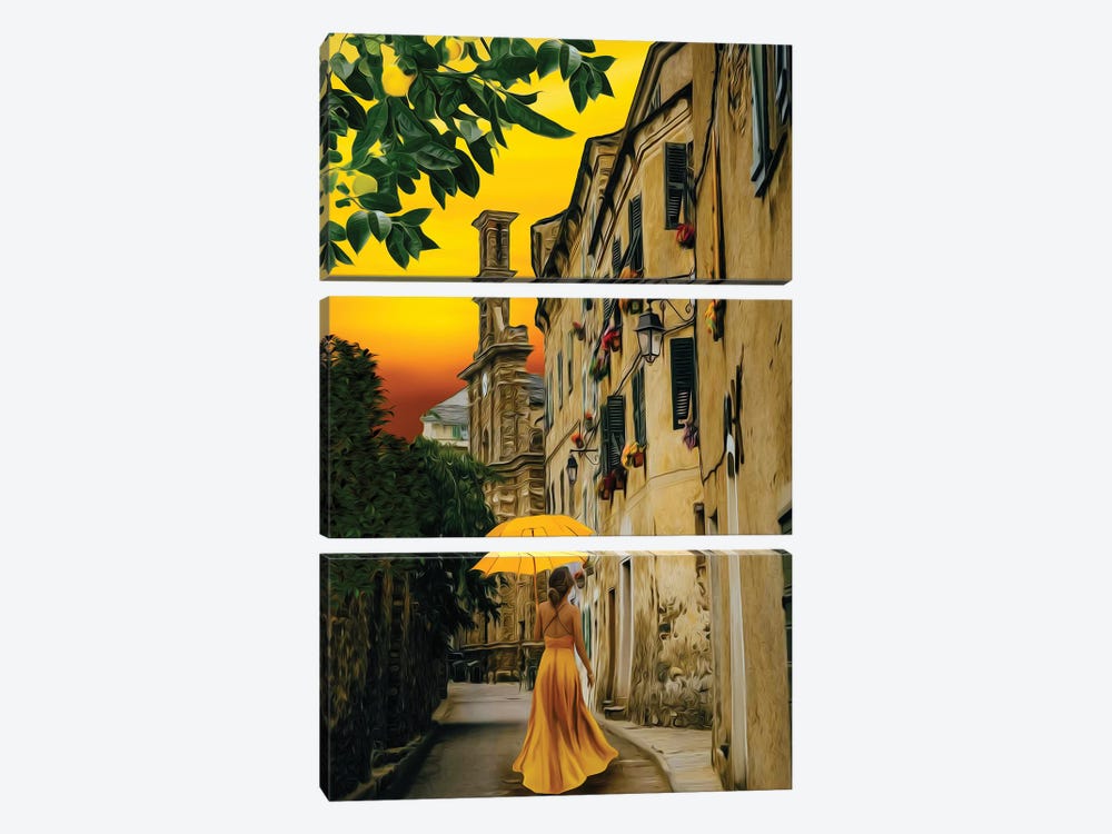 A Lady In A Yellow Dress With An Umbrella On The Street Of The Old Town by Ievgeniia Bidiuk 3-piece Canvas Art Print