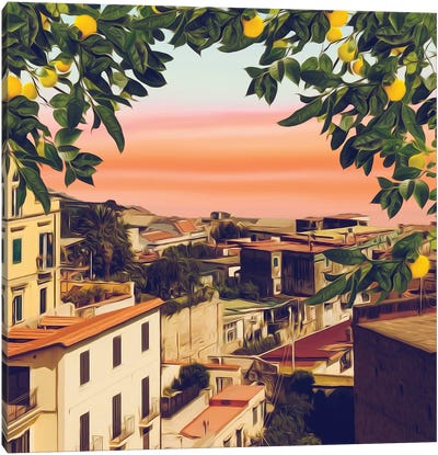Ripe Mandarins On A Branch In An Old Italian Town Canvas Art Print - Ievgeniia Bidiuk