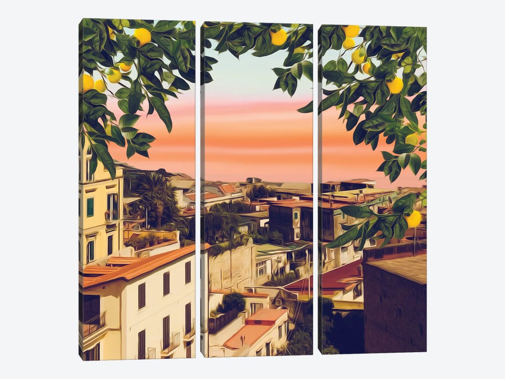 Ripe Mandarins On A Branch In An Old Italian Town 3-piece Canvas Artwork