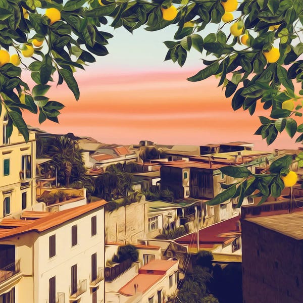Ievgeniia Bidiuk: Ripe Mandarins On A Branch In An Old Italian Town by Ievgeniia Bidiuk