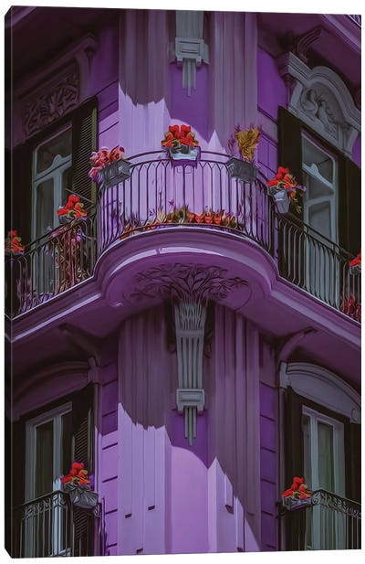 Lilac Facade Of An Old House With Balconies Canvas Art Print - Ievgeniia Bidiuk