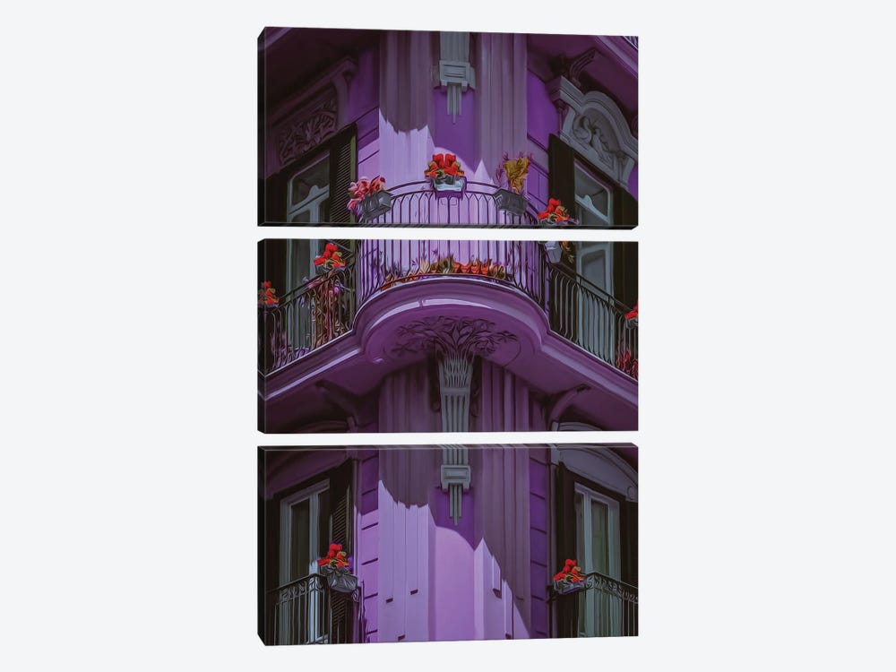 Lilac Facade Of An Old House With Balconies by Ievgeniia Bidiuk 3-piece Canvas Artwork