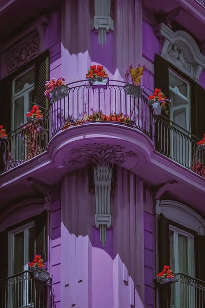 Ievgeniia Bidiuk: Lilac Facade Of An Old House With Balconies by Ievgeniia Bidiuk