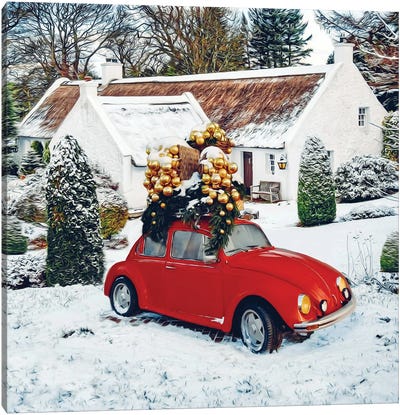 A Christmas Card With A Car, Christmas Presents And An Old House Canvas Art Print - Ievgeniia Bidiuk
