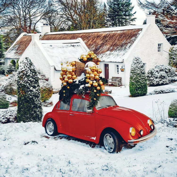 A Christmas Card With A Car, Christmas Presents And An Old House