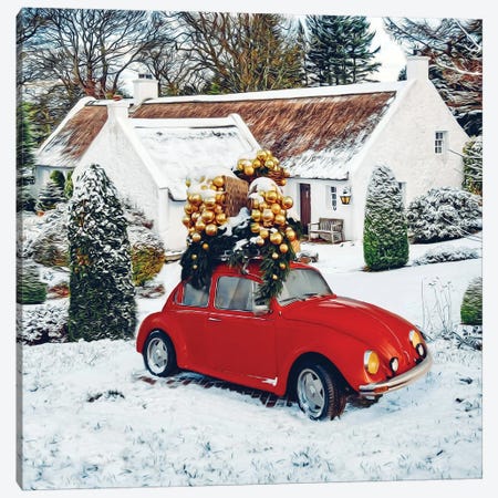 A Christmas Card With A Car, Christmas Presents And An Old House Canvas Print #IVG729} by Ievgeniia Bidiuk Canvas Print