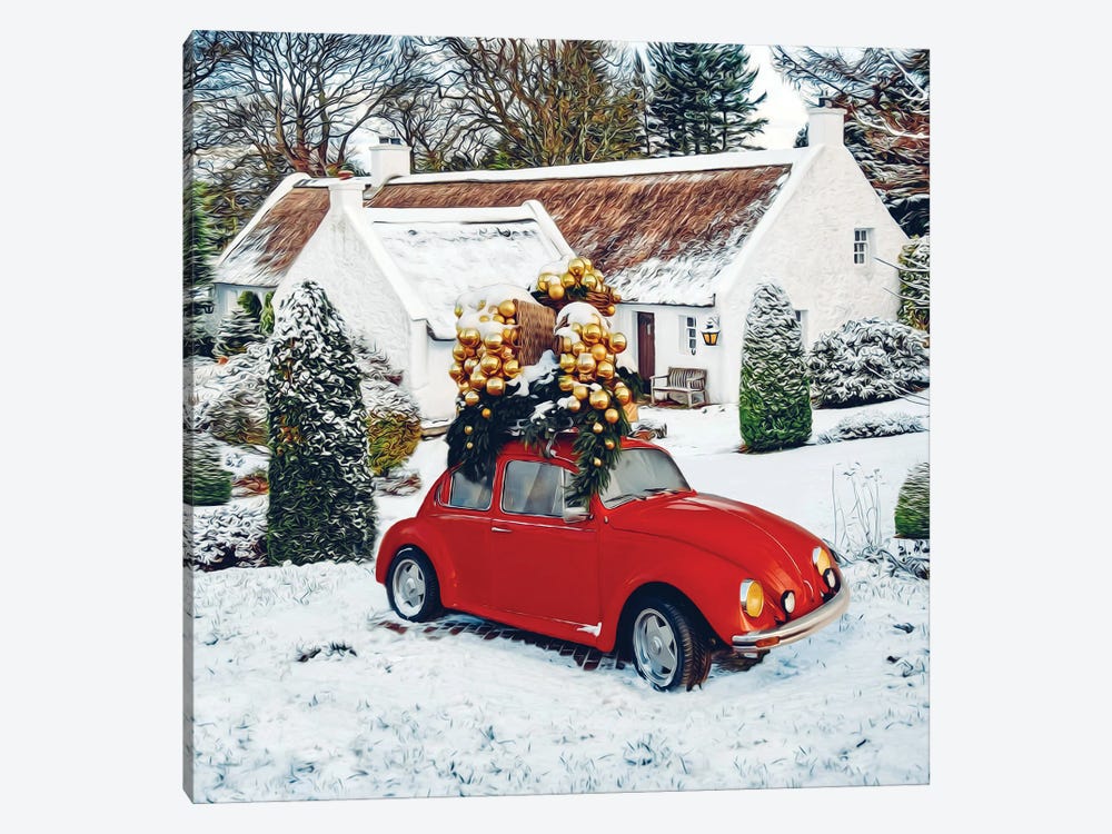 A Christmas Card With A Car, Christmas Presents And An Old House by Ievgeniia Bidiuk 1-piece Canvas Art