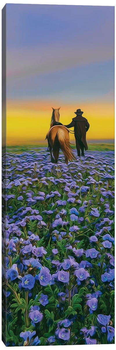 A Traveler With A Horse Walking Through A Field Of Flowers Canvas Art Print - Ievgeniia Bidiuk