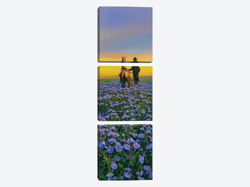 A Traveler With A Horse Walking Through A Field Of Flowers by Ievgeniia Bidiuk 3-piece Art Print