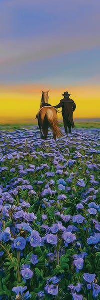 Ievgeniia Bidiuk: A Traveler With A Horse Walking Through A Field Of Flowers by Ievgeniia Bidiuk