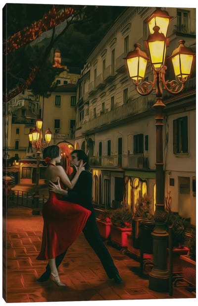 A Couple Dancing The Tango In The Street With Lanterns Canvas Art Print - Ievgeniia Bidiuk