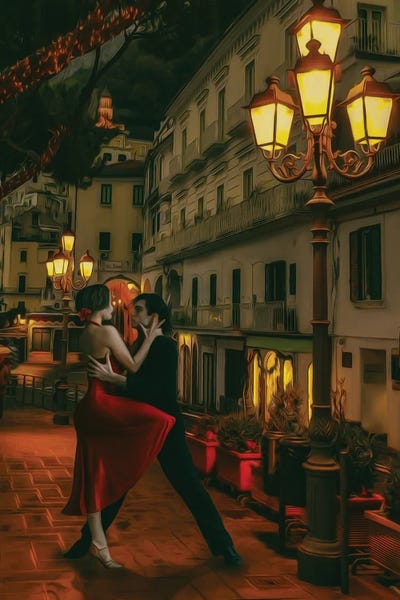 Ievgeniia Bidiuk: A Couple Dancing The Tango In The Street With Lanterns by Ievgeniia Bidiuk